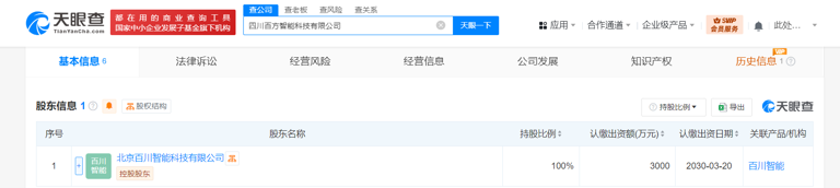 百川智能在四川成立百方智能科技公司 注册资本3000万元